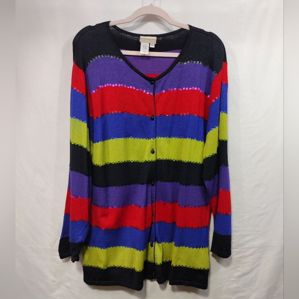 Coldwater Creek Silk Cardigan Women's XL Color Strips Vintage Y2K 90s Retro